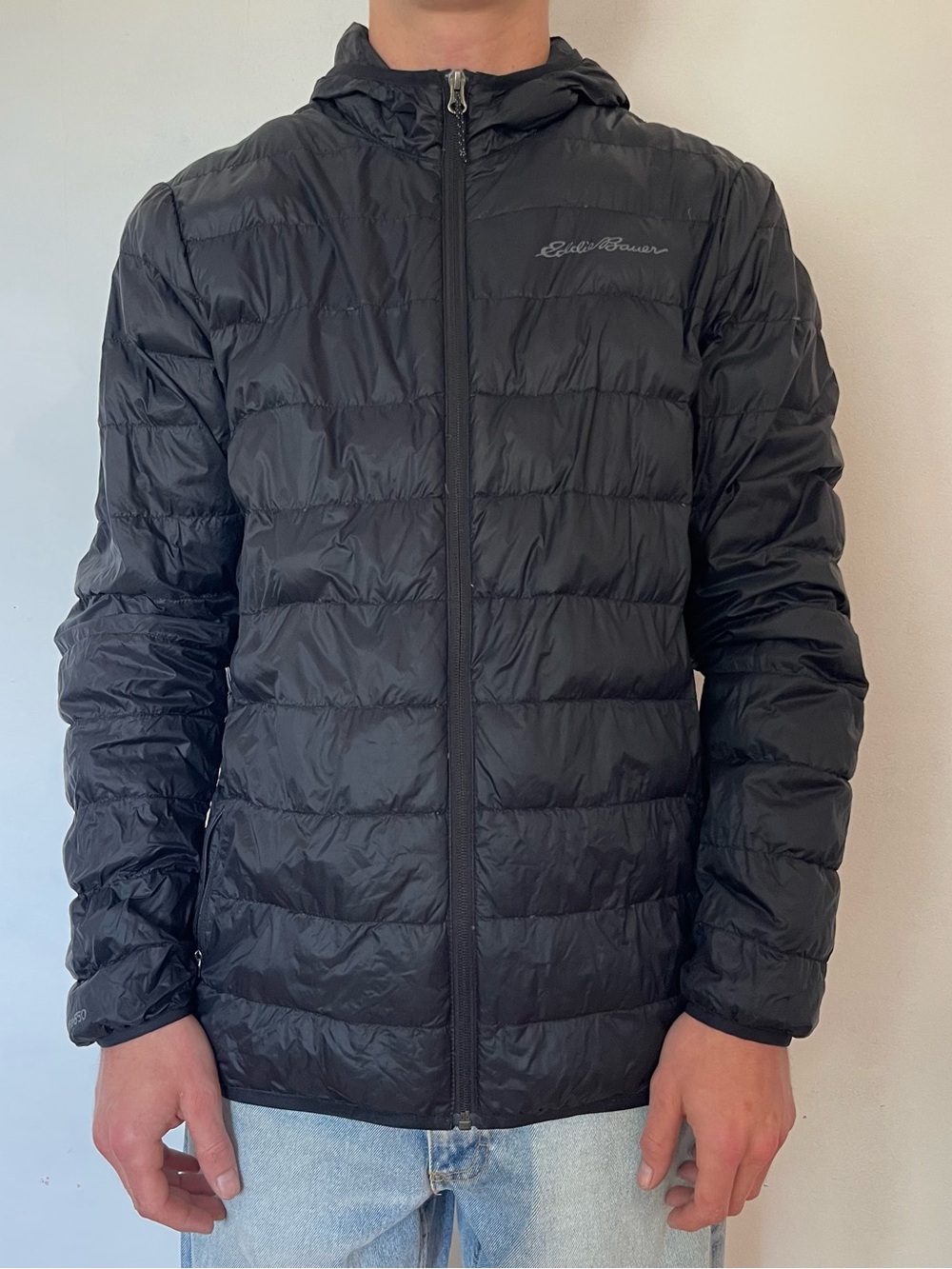 Eddie Bauer Men's Black Hooded Packable Puffer Jacket